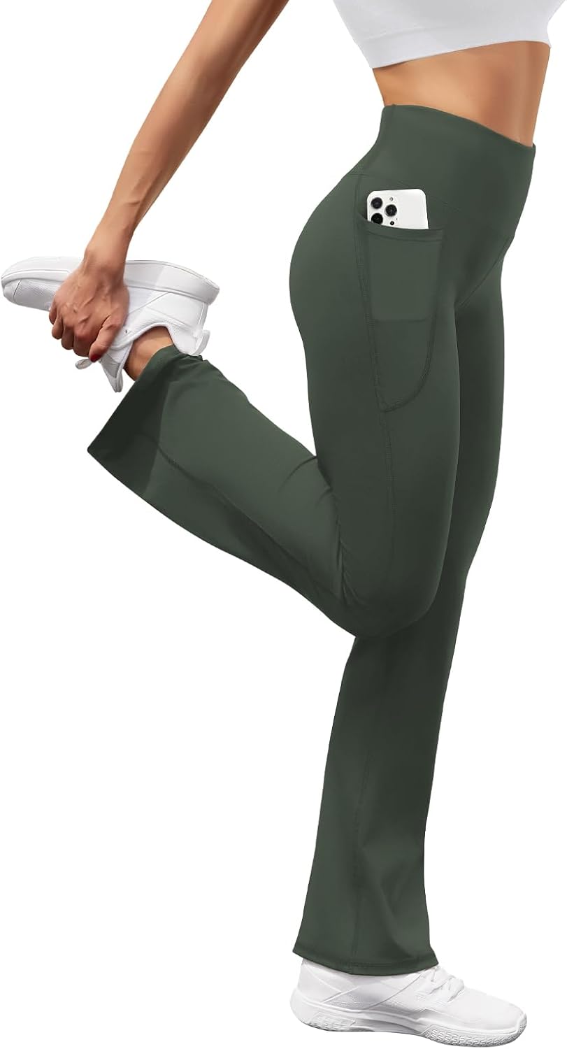 Women's High Waist Flare Yoga Pants Casual Bootcut Leggings with Side Pockets - Picture 42 of 80