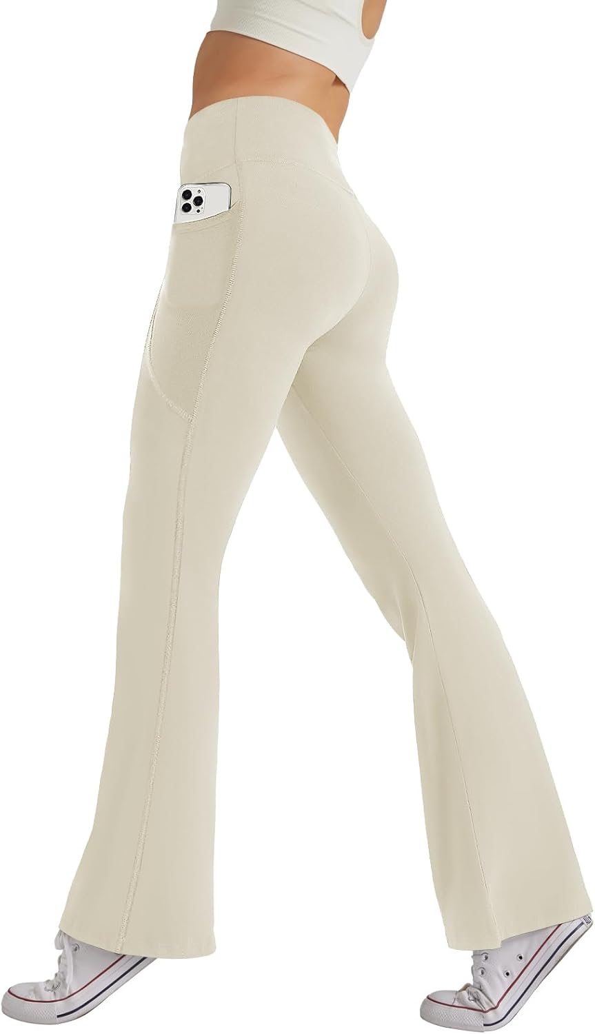 Women's High Waist Flare Yoga Pants Casual Bootcut Leggings with Side Pockets - Picture 53 of 80