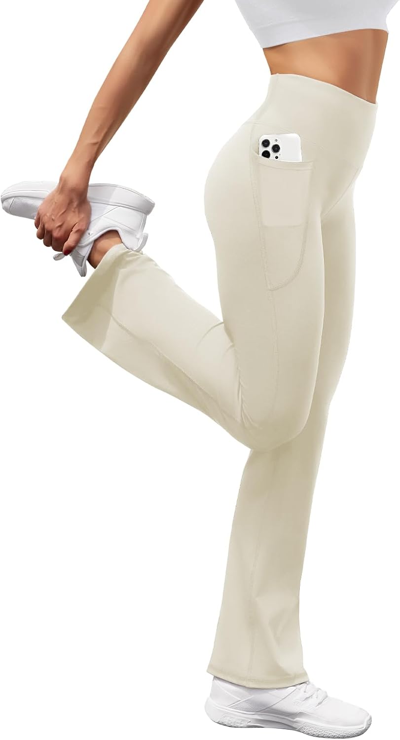 Women's High Waist Flare Yoga Pants Casual Bootcut Leggings with Side Pockets - Picture 56 of 80