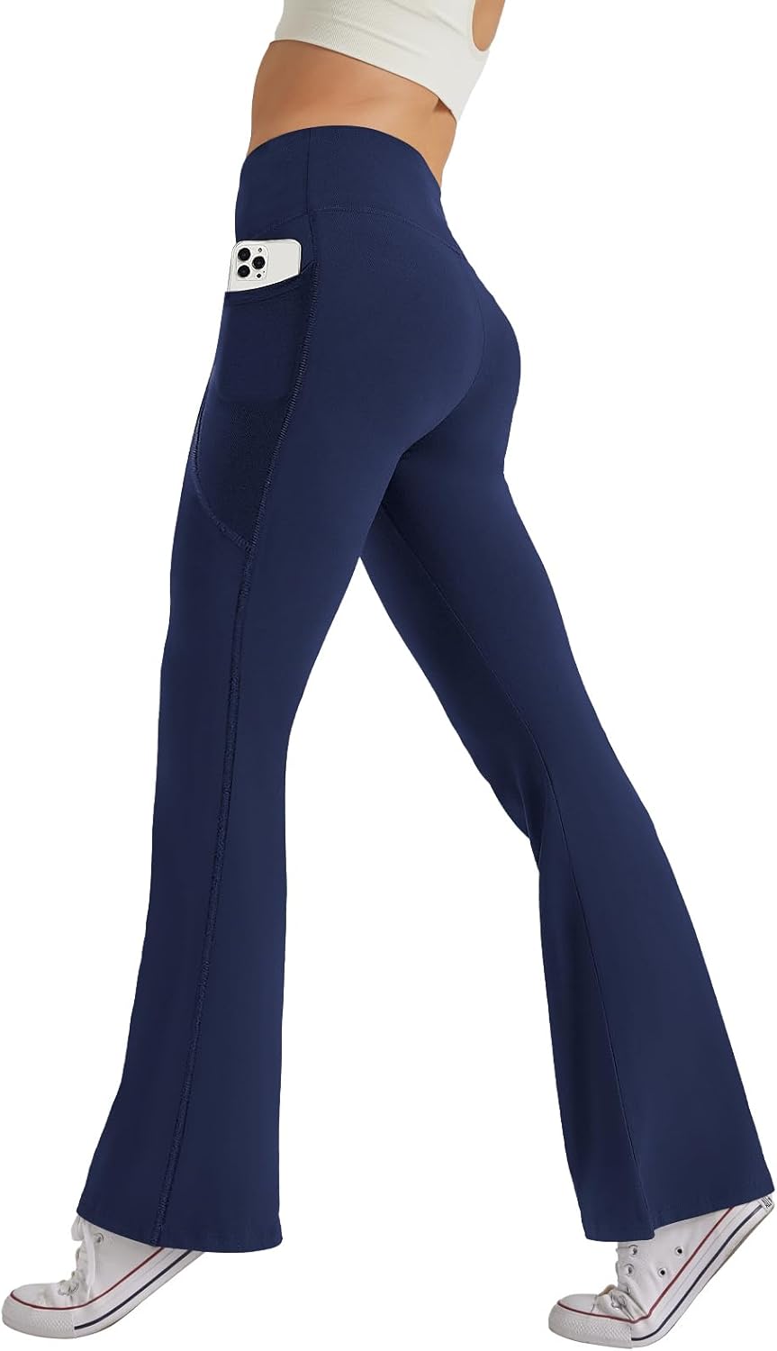 Women's High Waist Flare Yoga Pants Casual Bootcut Leggings with Side Pockets - Picture 60 of 80