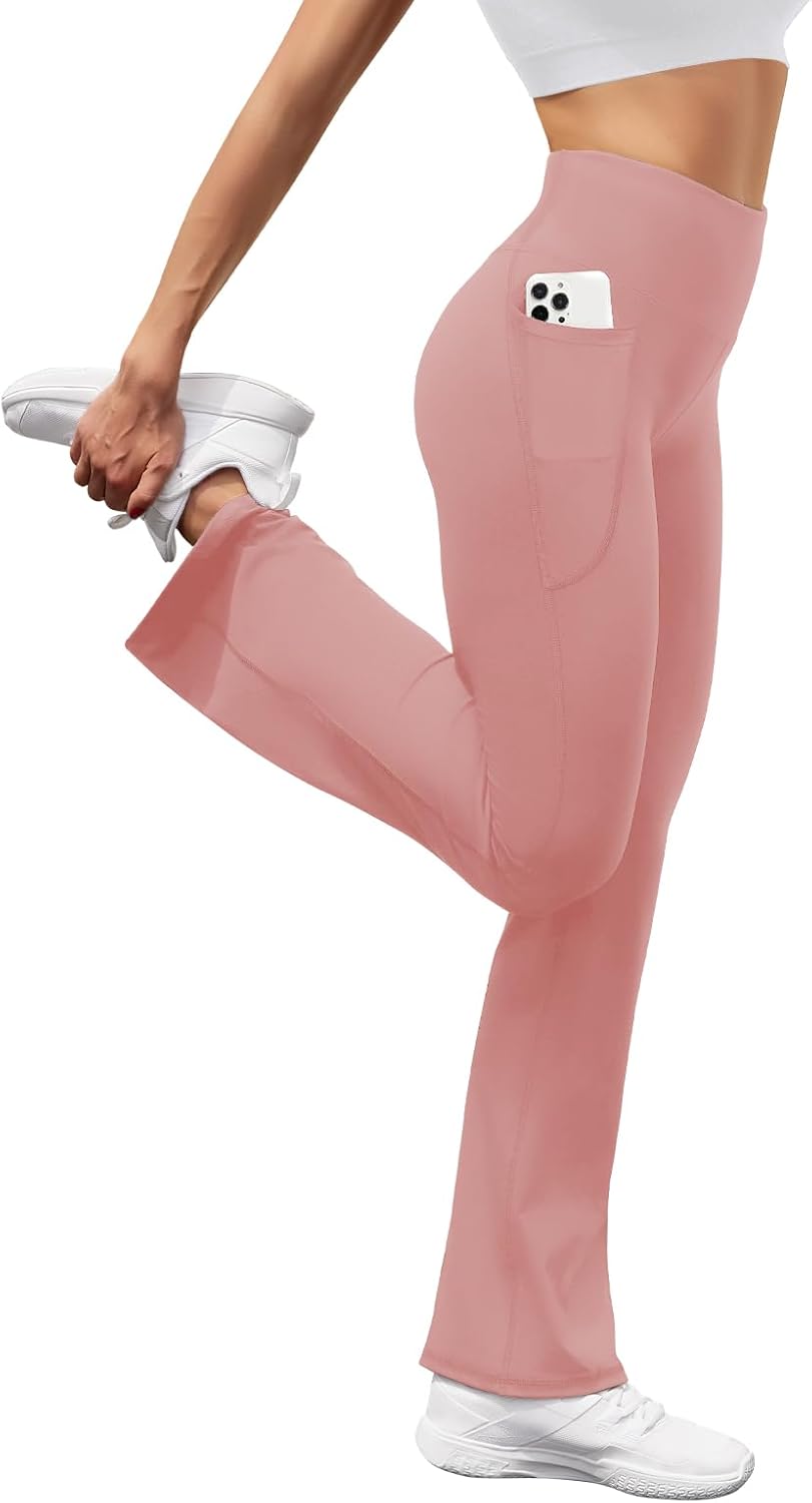 Women's High Waist Flare Yoga Pants Casual Bootcut Leggings with Side Pockets - Picture 70 of 80