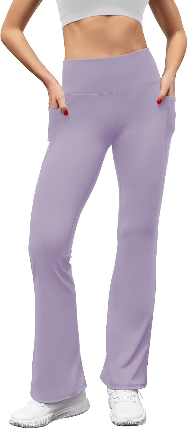 Women's High Waist Flare Yoga Pants Casual Bootcut Leggings with Side Pockets - Picture 76 of 80