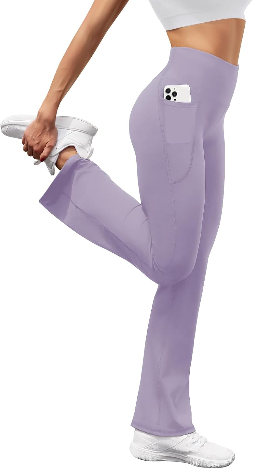 Women's High Waist Flare Yoga Pants Casual Bootcut Leggings with Side Pockets - Picture 77 of 80