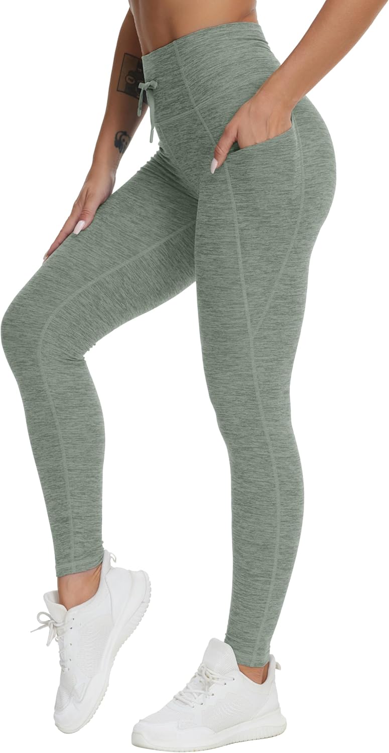 Women High Waist Drawstring Leggings Soft Tummy Control Yoga Pants with Pockets