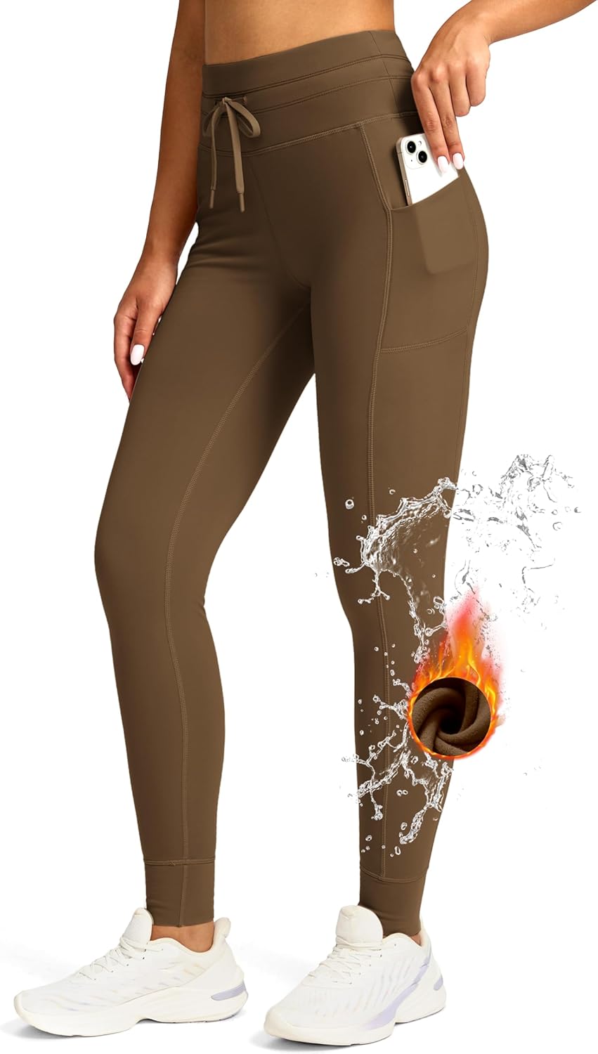 Women's High Waisted Fleece Lined Leggings with Pockets Water Resistant Pants