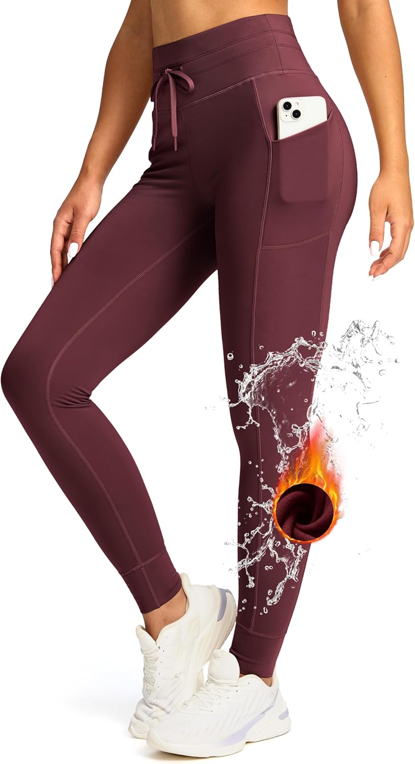 Women's High Waisted Fleece Lined Leggings with Pockets Water Resistant Pants