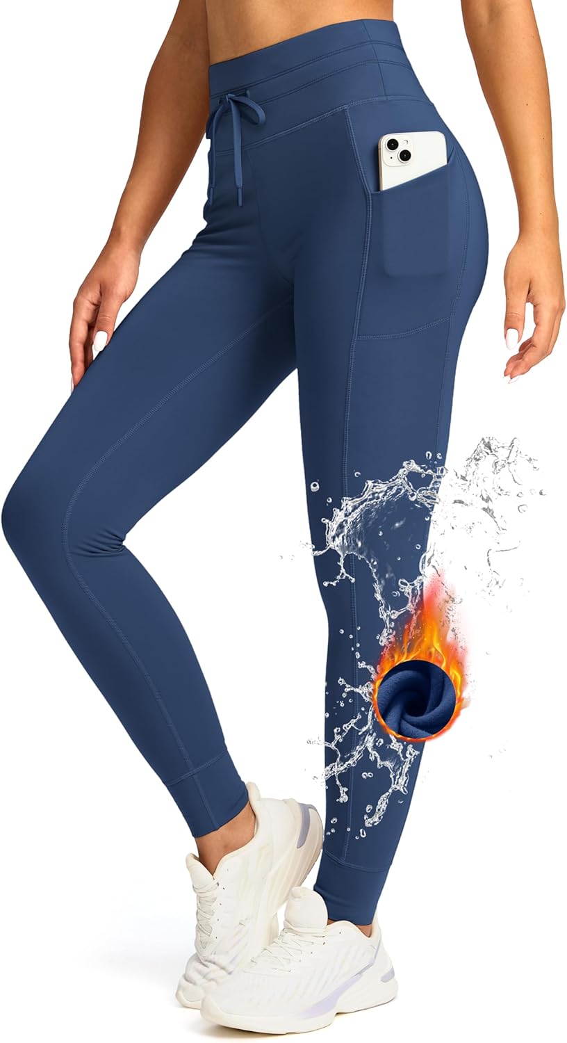 Women's High Waisted Fleece Lined Leggings with Pockets Water Resistant Pants