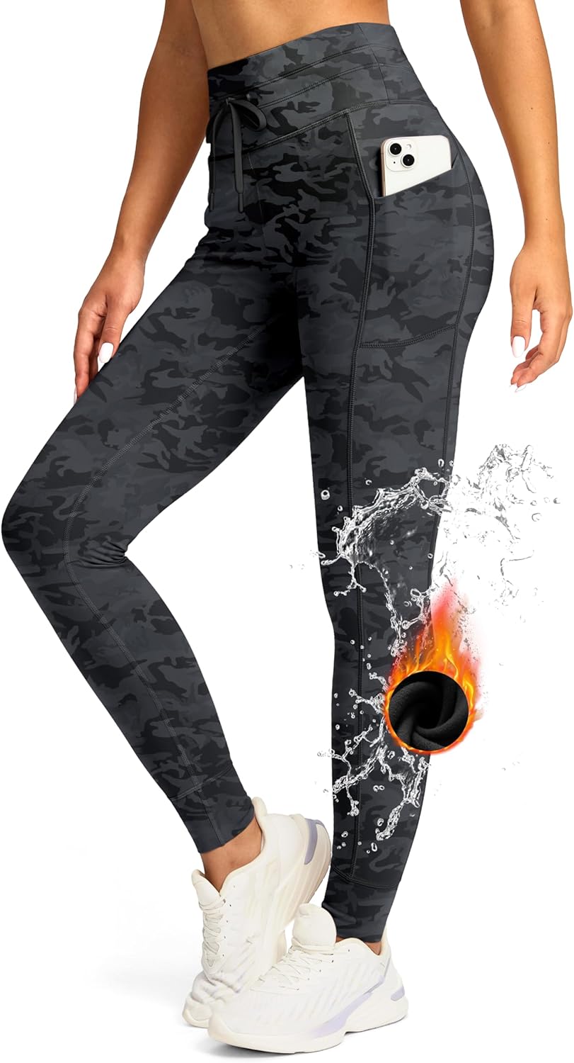 Women's High Waisted Fleece Lined Leggings with Pockets Water Resistant Pants