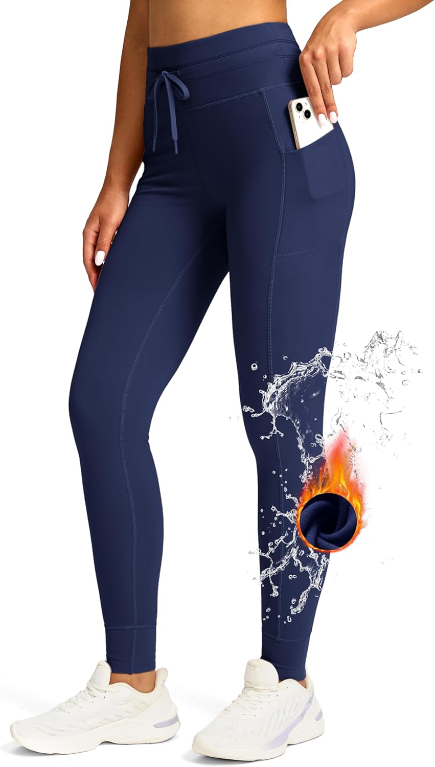 Women's High Waisted Fleece Lined Leggings with Pockets Water Resistant Pants