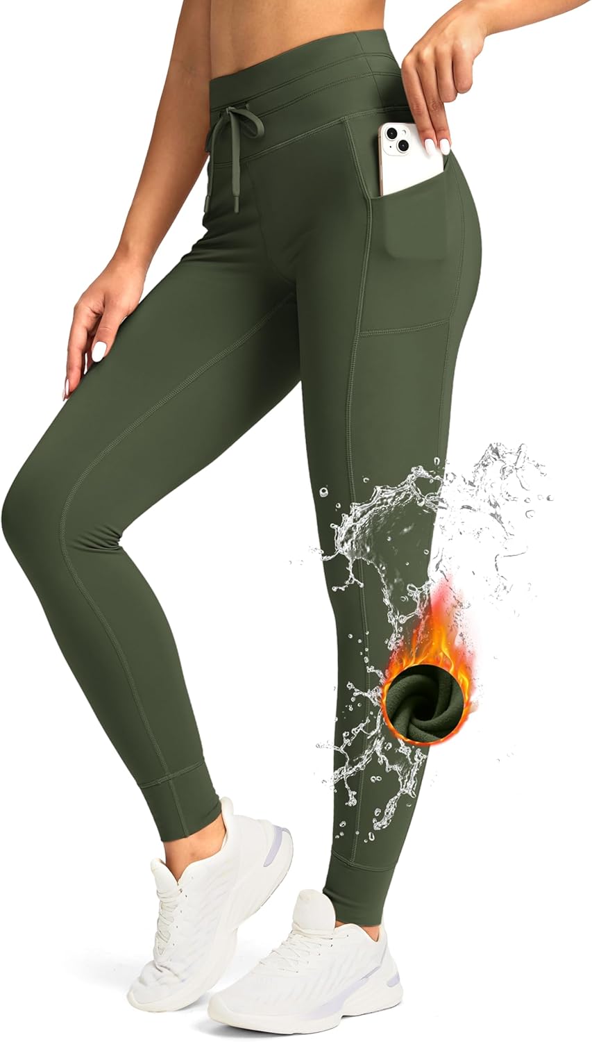 Women's High Waisted Fleece Lined Leggings with Pockets Water Resistant Pants