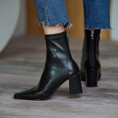 Women's Boots French High Block Heels Zipper Ladies Ankle Boots Short Shoes Size - Picture 17 of 18