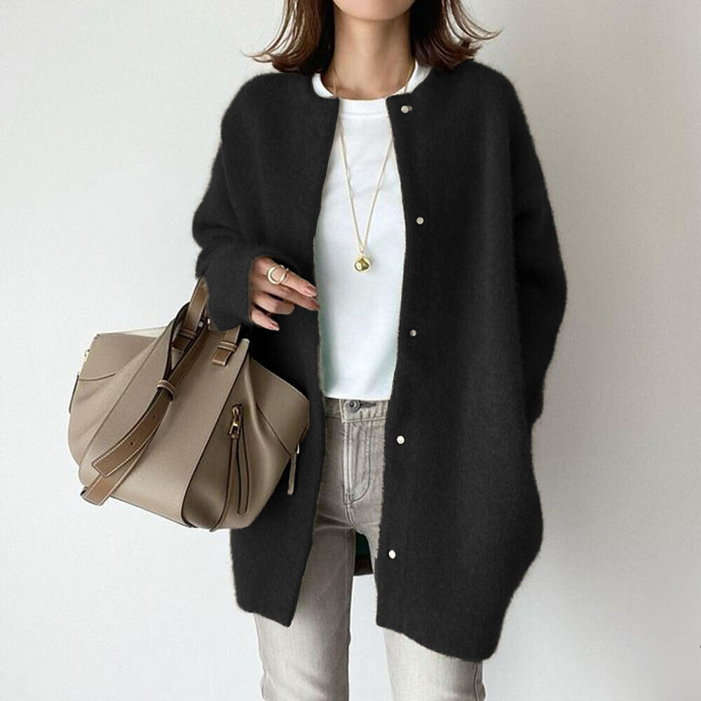 Women's Round Neck Single-Breasted Knitted Cardigan Coat Autumn Winter Jacket - Picture 12 of 20