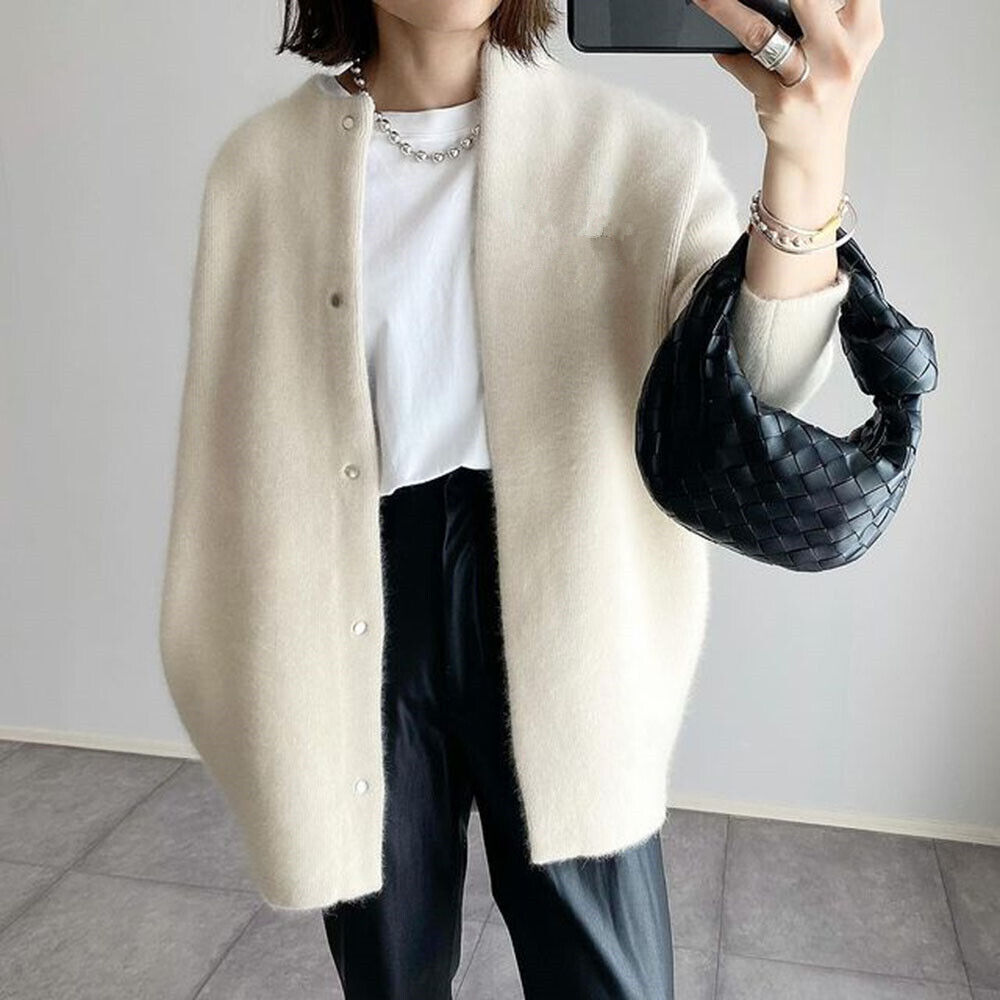 Women's Round Neck Single-Breasted Knitted Cardigan Coat Autumn Winter Jacket - Picture 13 of 20