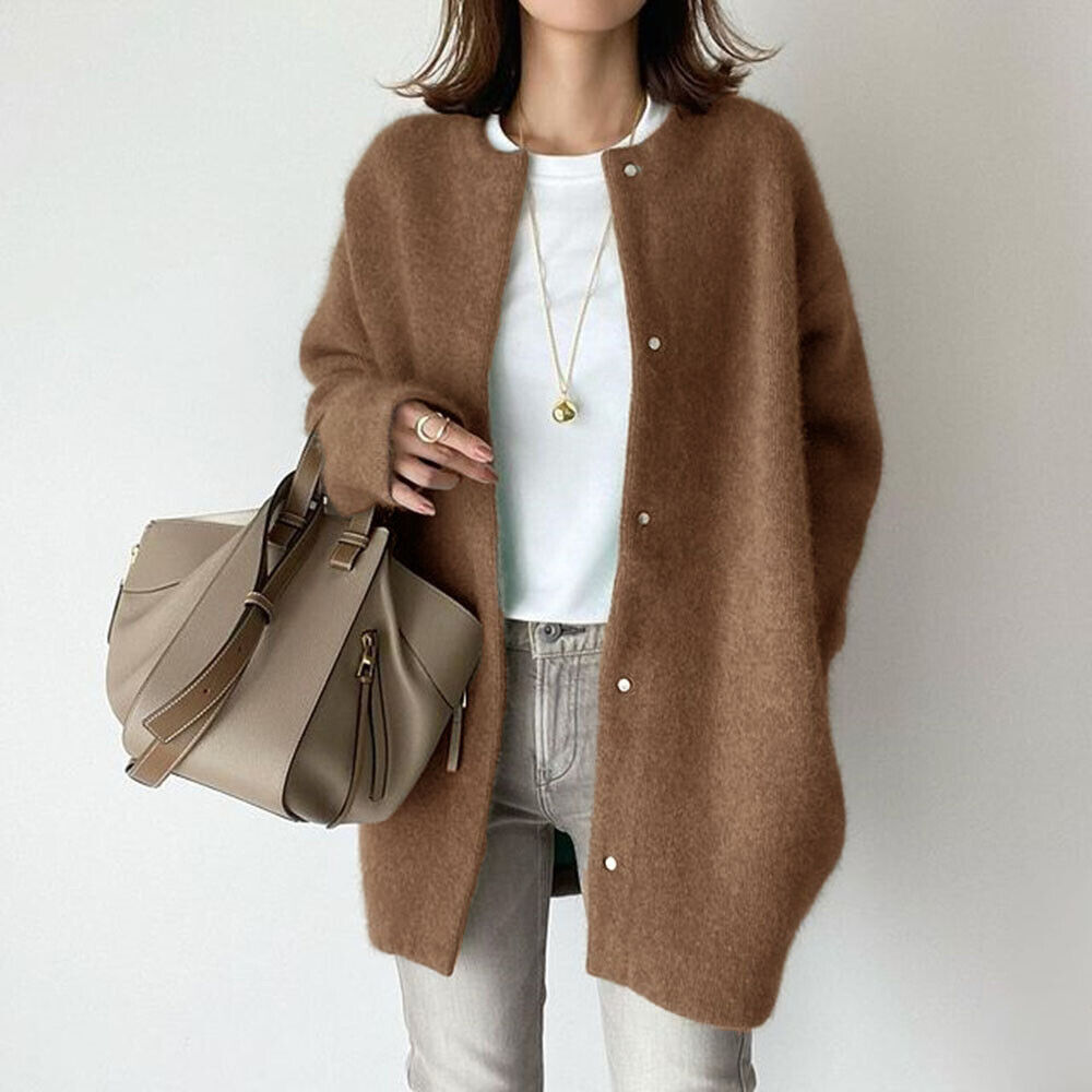 Women's Round Neck Single-Breasted Knitted Cardigan Coat Autumn Winter Jacket - Picture 14 of 20