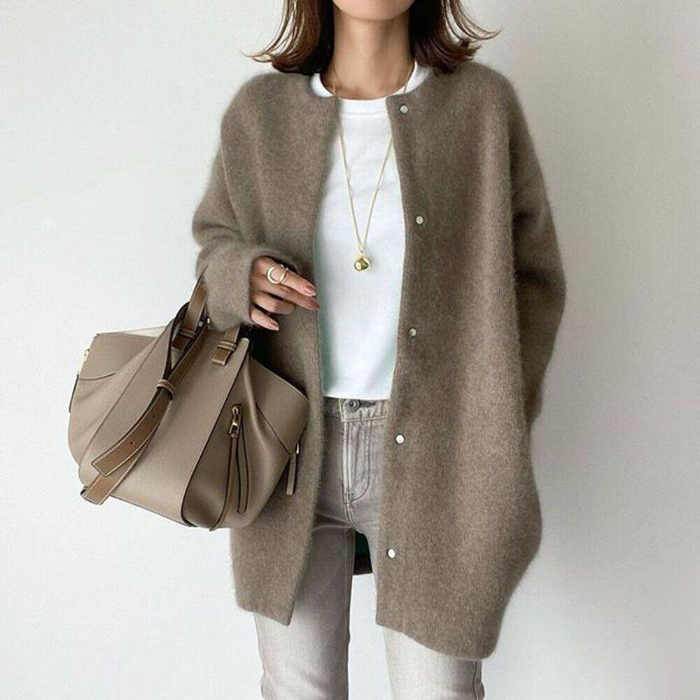 Women's Round Neck Single-Breasted Knitted Cardigan Coat Autumn Winter Jacket - Picture 15 of 20