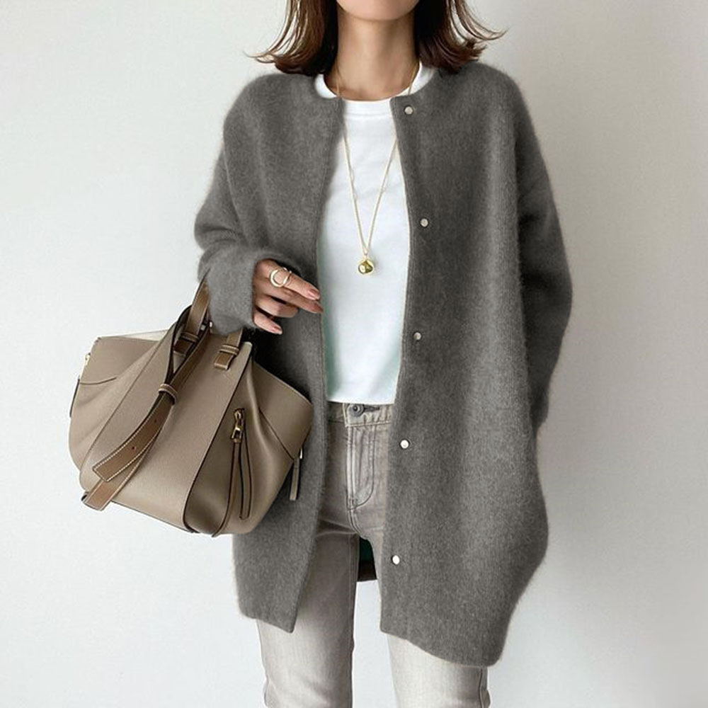 Women's Round Neck Single-Breasted Knitted Cardigan Coat Autumn Winter Jacket - Picture 16 of 20