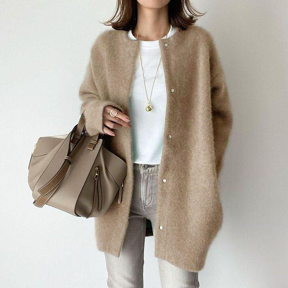 Women's Round Neck Single-Breasted Knitted Cardigan Coat Autumn Winter Jacket - Picture 17 of 20