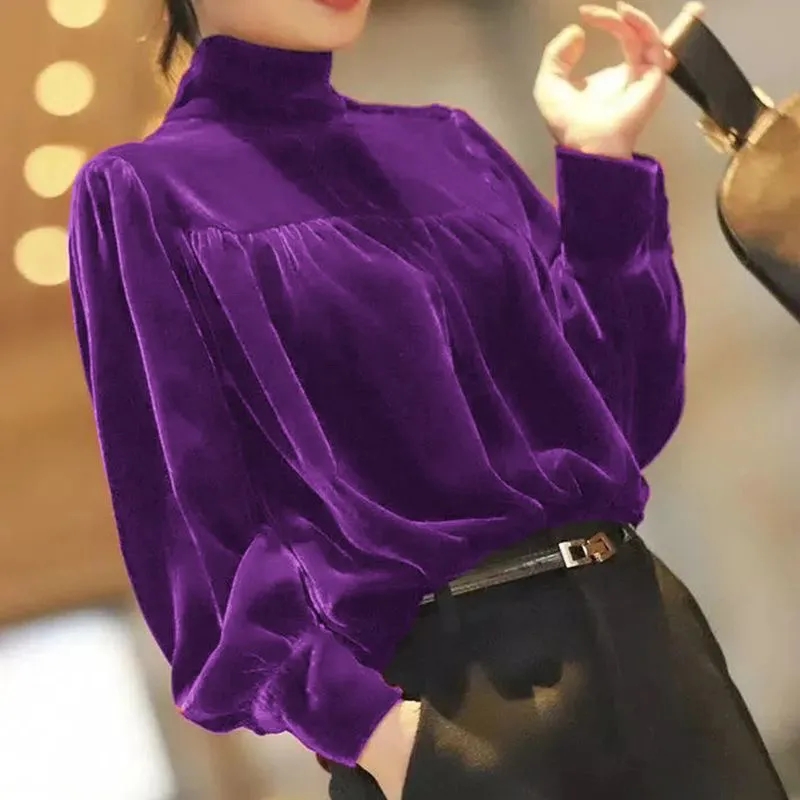 Womens Velvet High Neck Long Sleeves Pullover T-Shirt Fashion Loose Blouse Tops