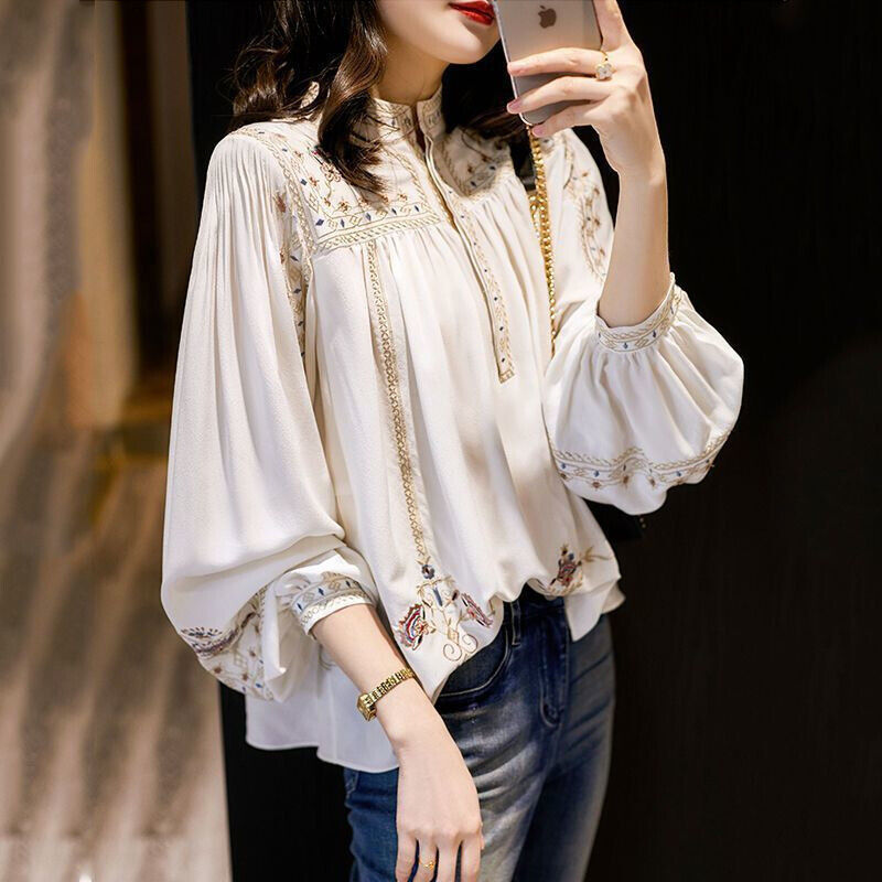 Spring Women Retro Floral Print Elegant Shirt Roundneck Lantern Sleeve Loose Top