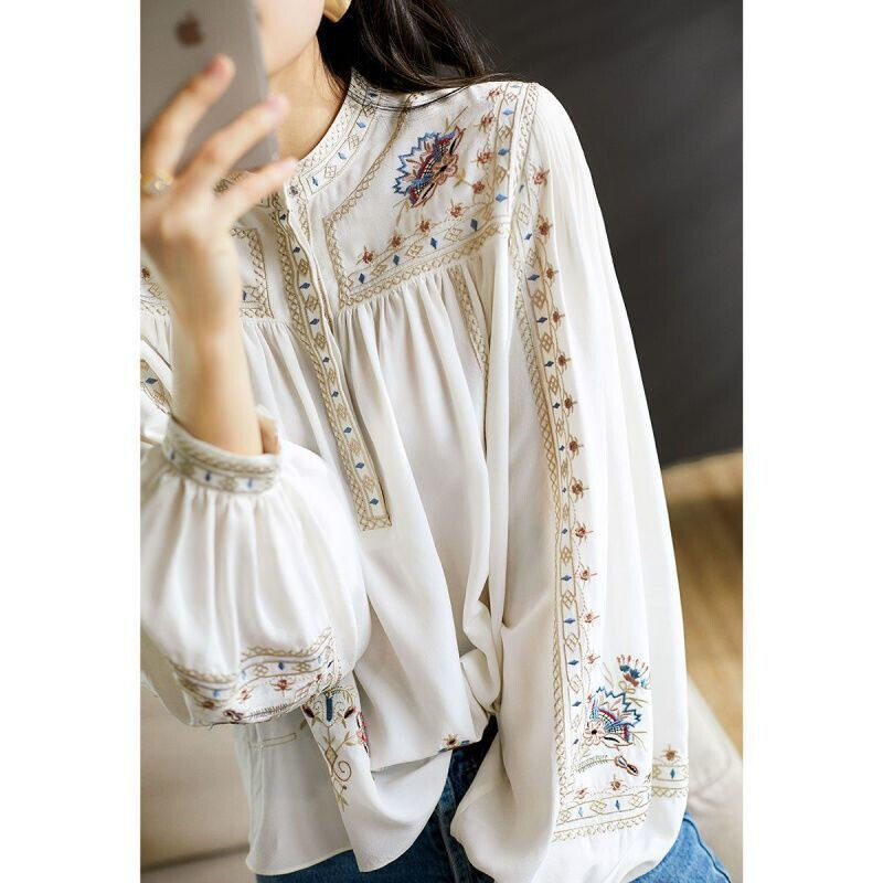 Spring Women Retro Floral Print Elegant Shirt Roundneck Lantern Sleeve Loose Top