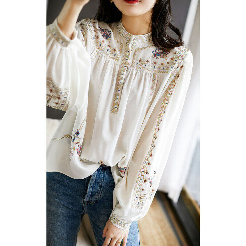 Spring Women Retro Floral Print Elegant Shirt Roundneck Lantern Sleeve Loose Top