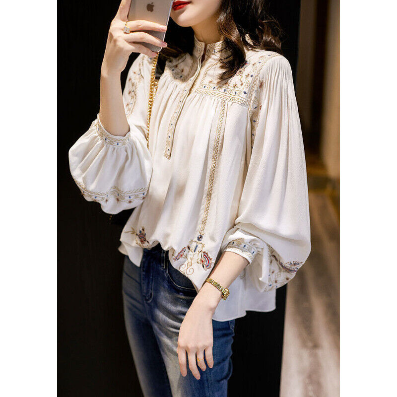 Spring Women Retro Floral Print Elegant Shirt Roundneck Lantern Sleeve Loose Top