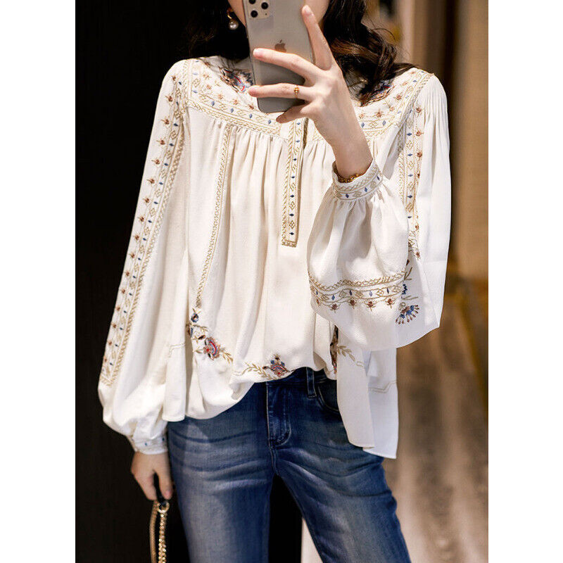 Spring Women Retro Floral Print Elegant Shirt Roundneck Lantern Sleeve Loose Top