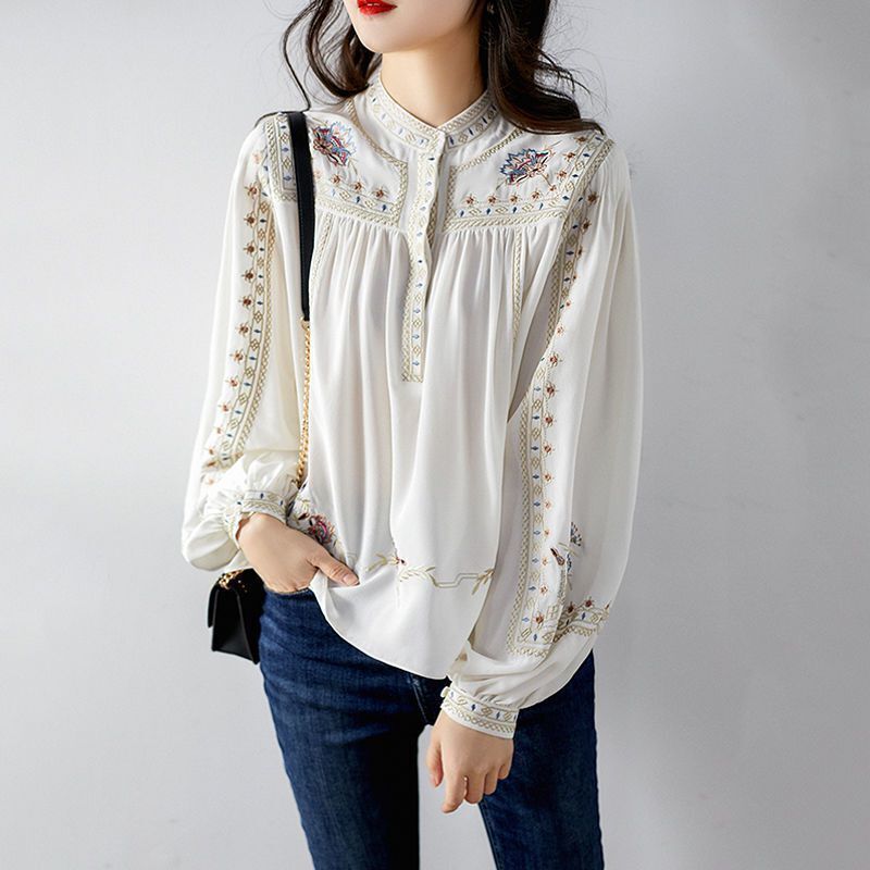 Spring Women Retro Floral Print Elegant Shirt Roundneck Lantern Sleeve Loose Top