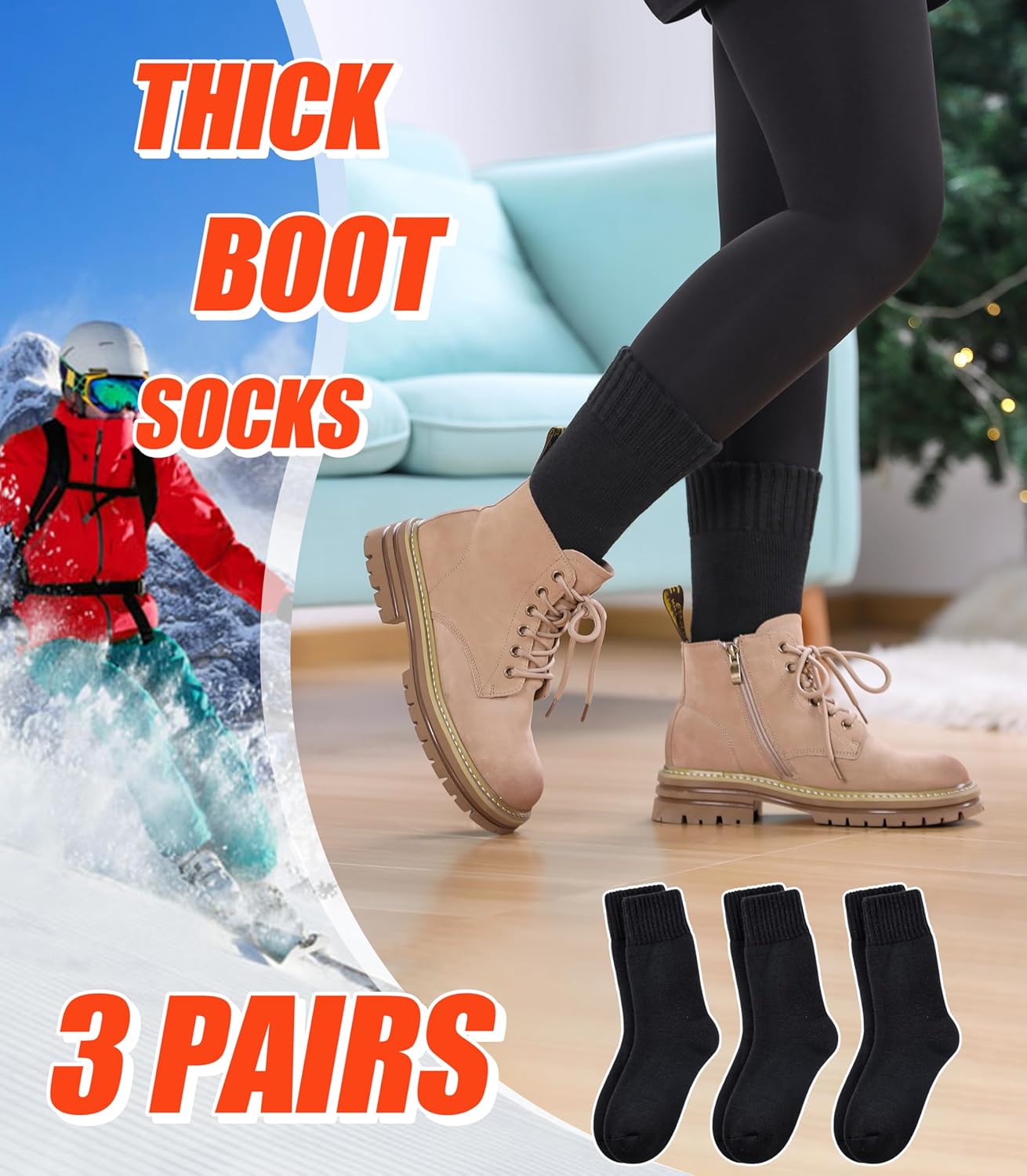 3 Pairs Thermal Boot Socks for Women Men Thick Winter Warm Insulated Heated Sock