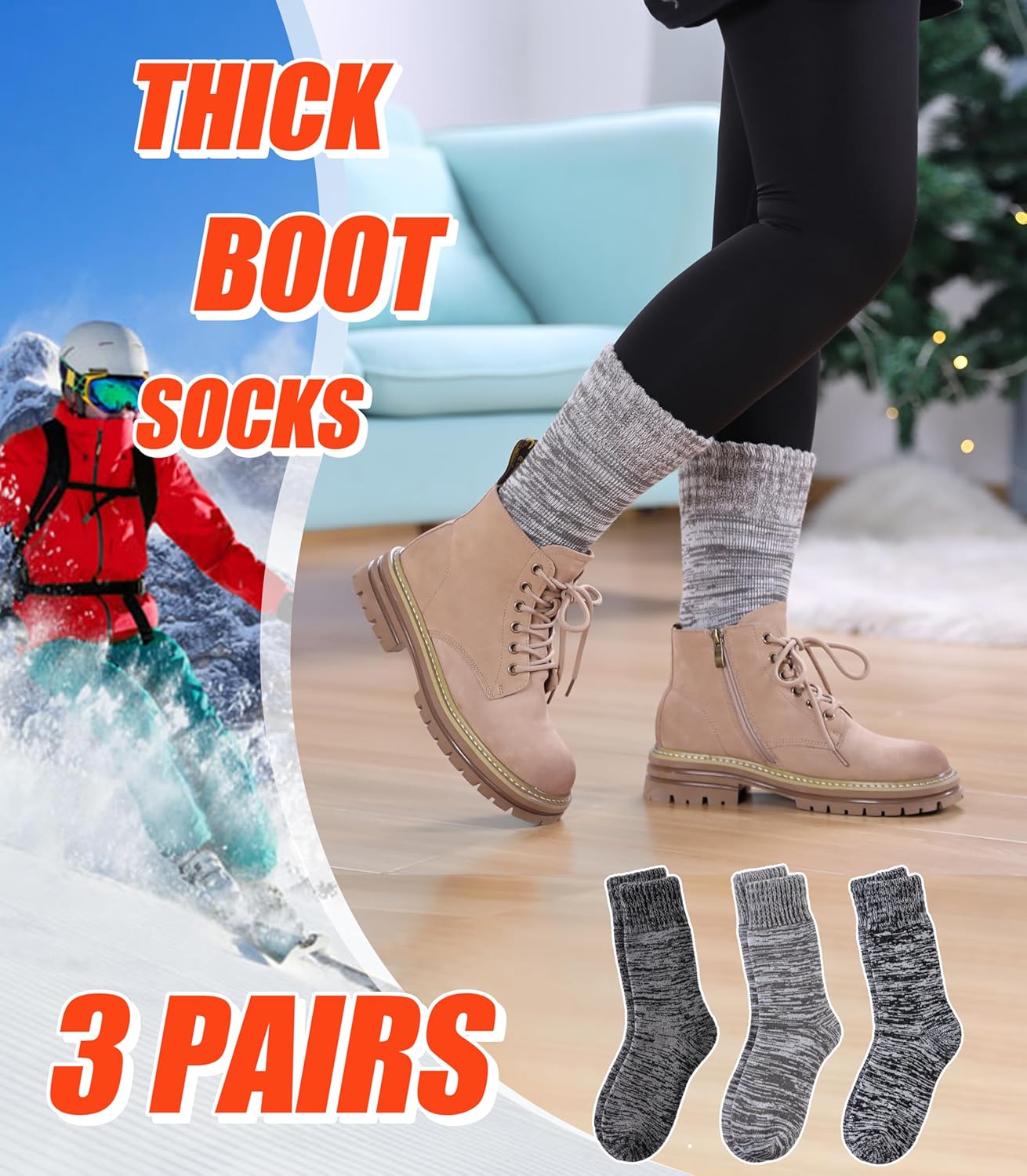 3 Pairs Thermal Boot Socks for Women Men Thick Winter Warm Insulated Heated Sock