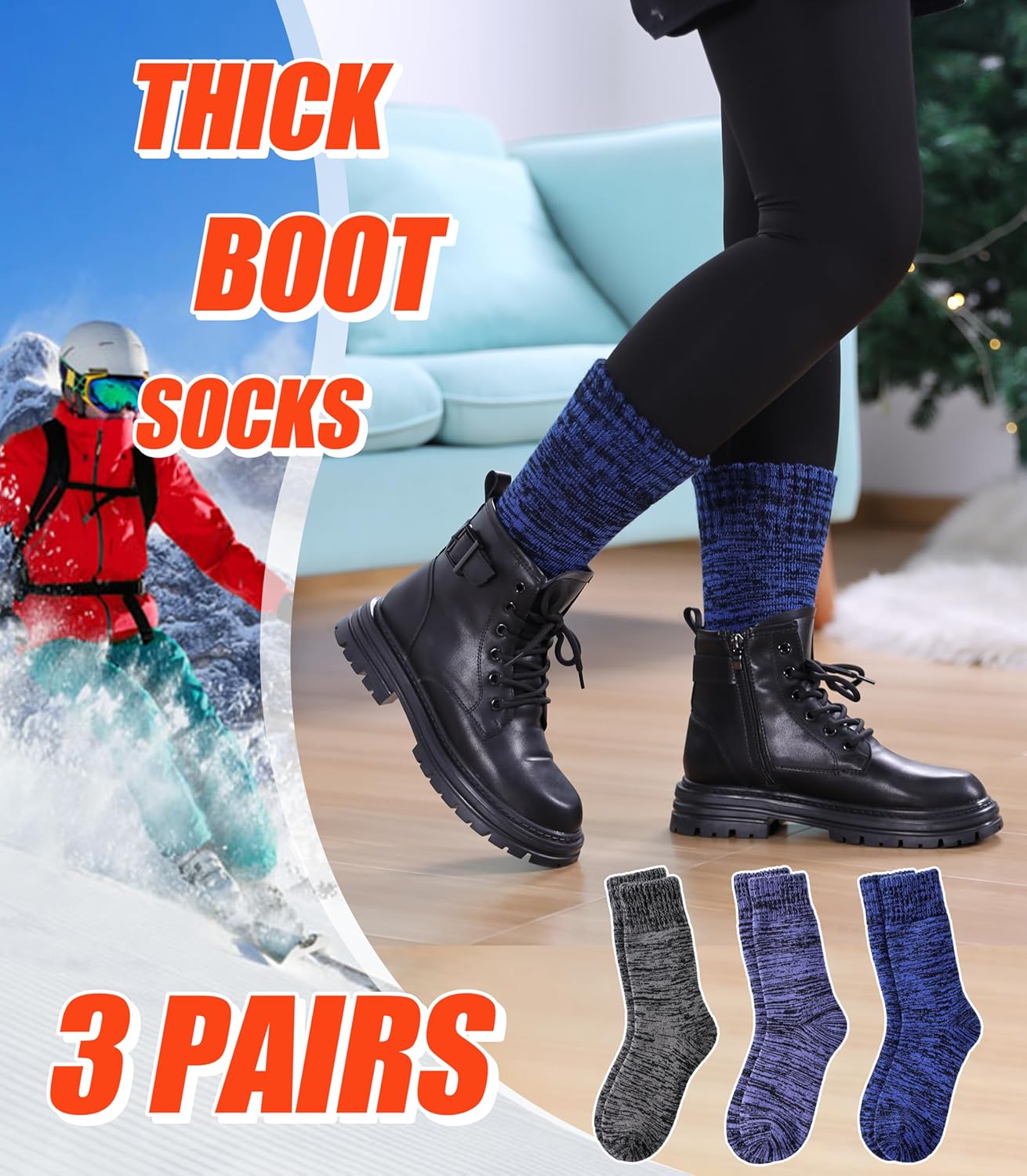 3 Pairs Thermal Boot Socks for Women Men Thick Winter Warm Insulated Heated Sock