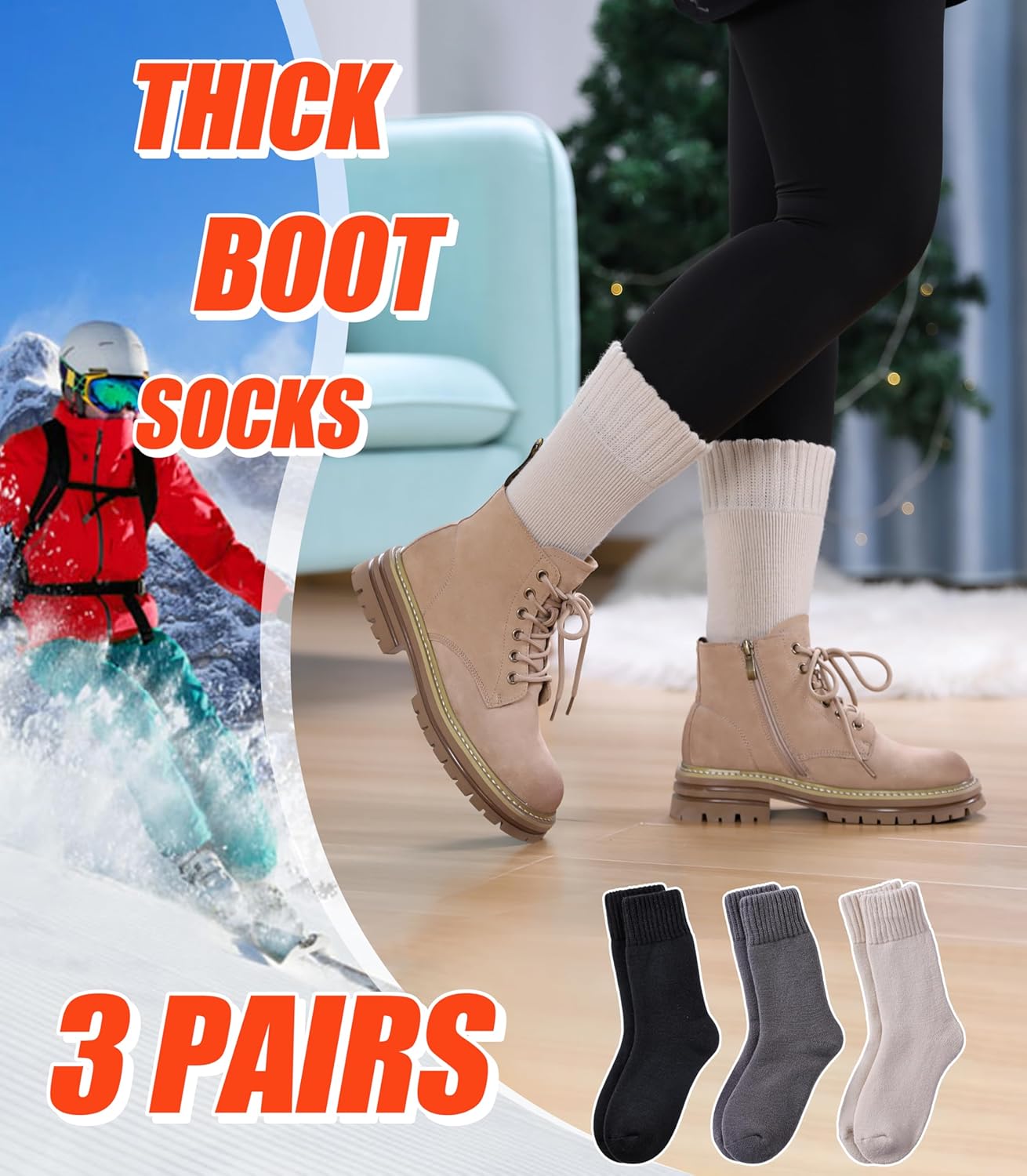 3 Pairs Thermal Boot Socks for Women Men Thick Winter Warm Insulated Heated Sock