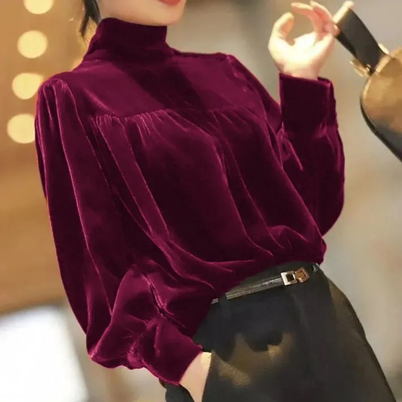 Womens Velvet High Neck Long Sleeves Pullover T-Shirt Fashion Loose Blouse Tops