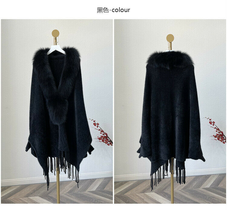 Women's Faux Fur Collar Shawl Coat Cloak Warm Tops Tassel Poncho Cape Jacket - Picture 13 of 22