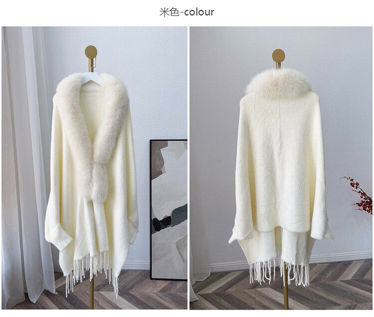 Women's Faux Fur Collar Shawl Coat Cloak Warm Tops Tassel Poncho Cape Jacket - Picture 15 of 22