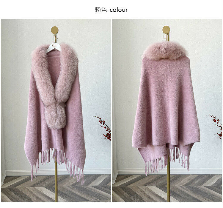 Women's Faux Fur Collar Shawl Coat Cloak Warm Tops Tassel Poncho Cape Jacket - Picture 18 of 22