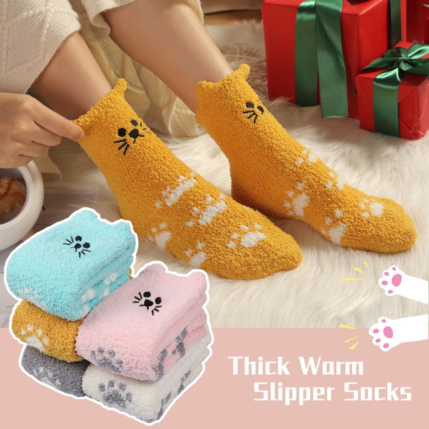 5/6 Pairs Fuzzy Socks for Women Plush Slipper Christmas Gift Warm Sleeping Socks