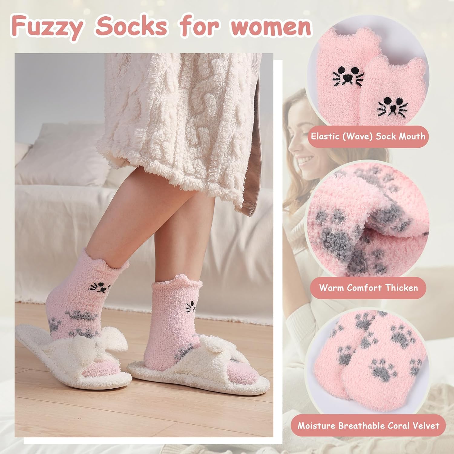 5/6 Pairs Fuzzy Socks for Women Plush Slipper Christmas Gift Warm Sleeping Socks