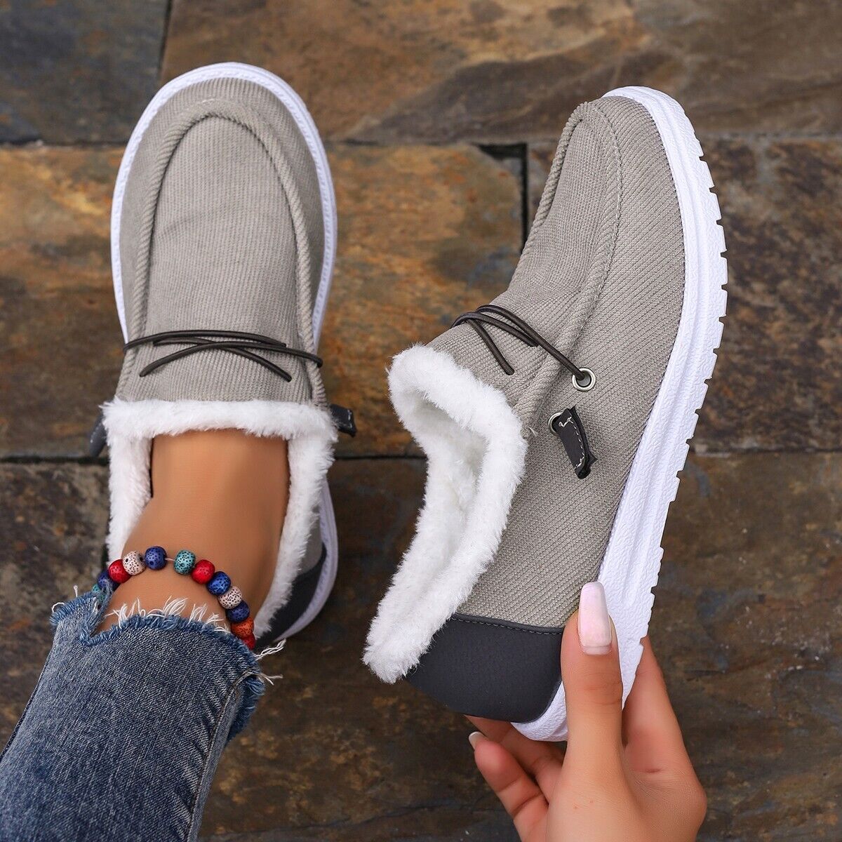 Women's Soild Fleece Lined Shoes Slip On Fluffy Warm Flat Non-slip Canvas Shoes - Picture 15 of 18