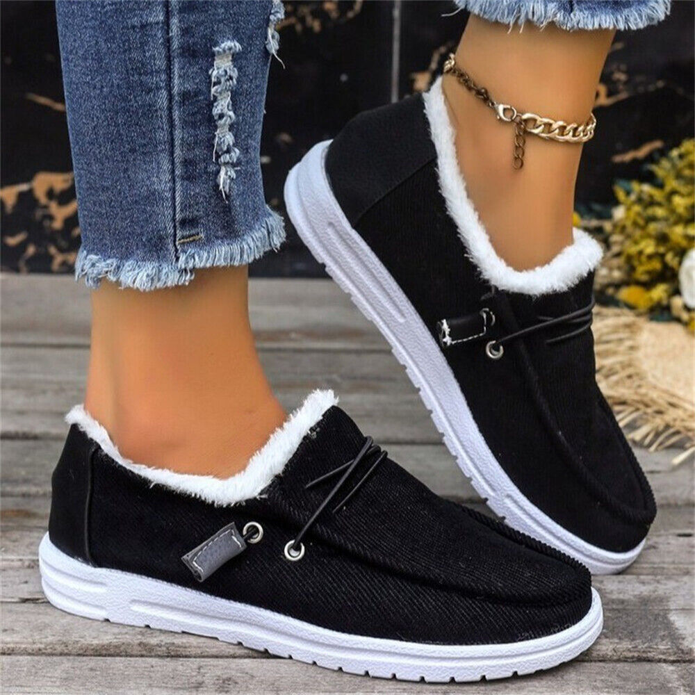 Women's Soild Fleece Lined Shoes Slip On Fluffy Warm Flat Non-slip Canvas Shoes - Picture 14 of 18