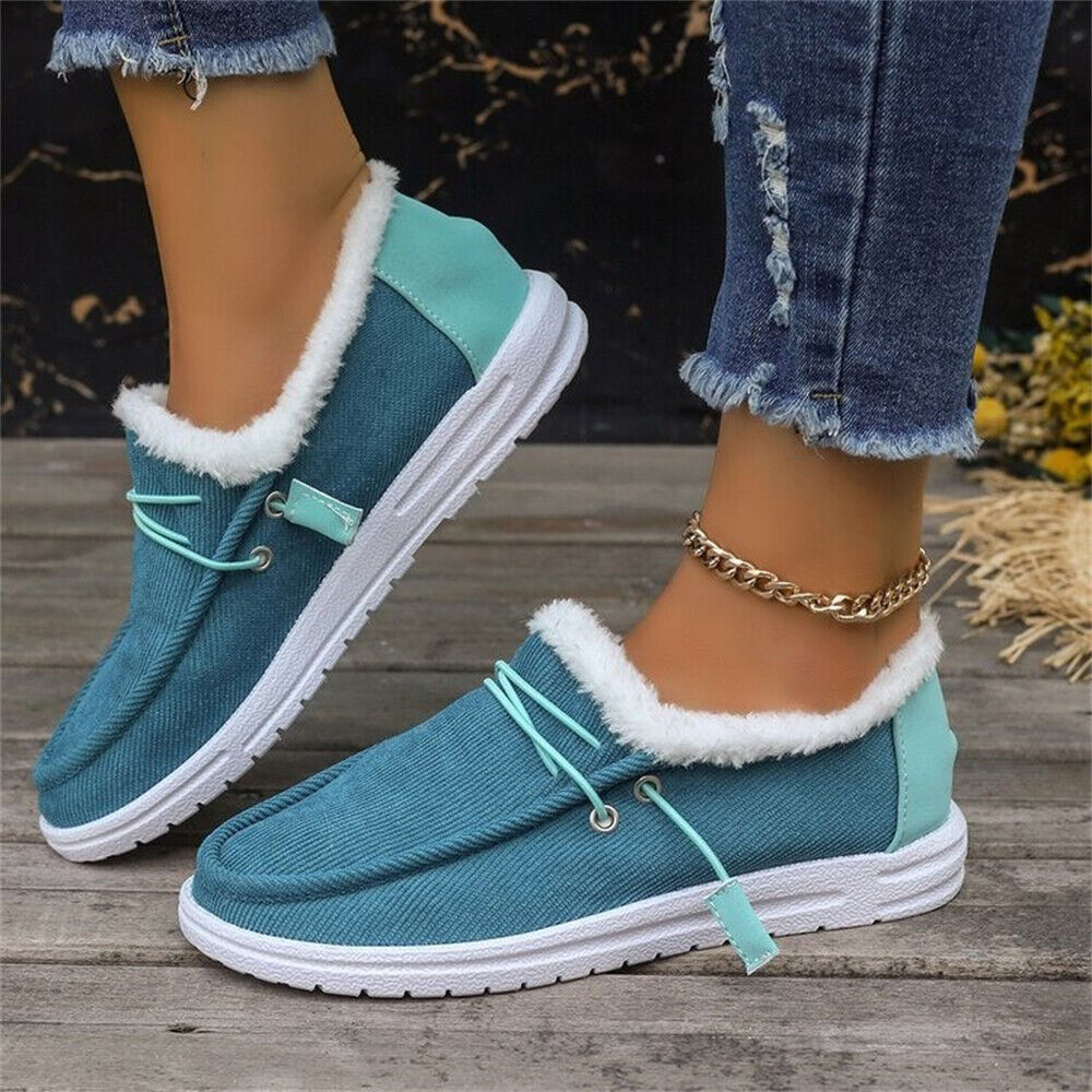 Women's Soild Fleece Lined Shoes Slip On Fluffy Warm Flat Non-slip Canvas Shoes - Picture 16 of 18