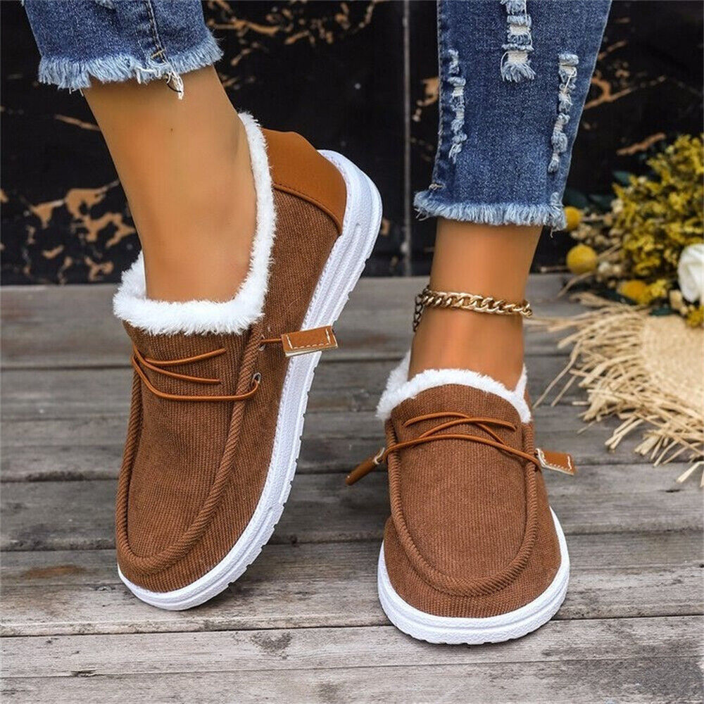 Women's Soild Fleece Lined Shoes Slip On Fluffy Warm Flat Non-slip Canvas Shoes - Picture 17 of 18