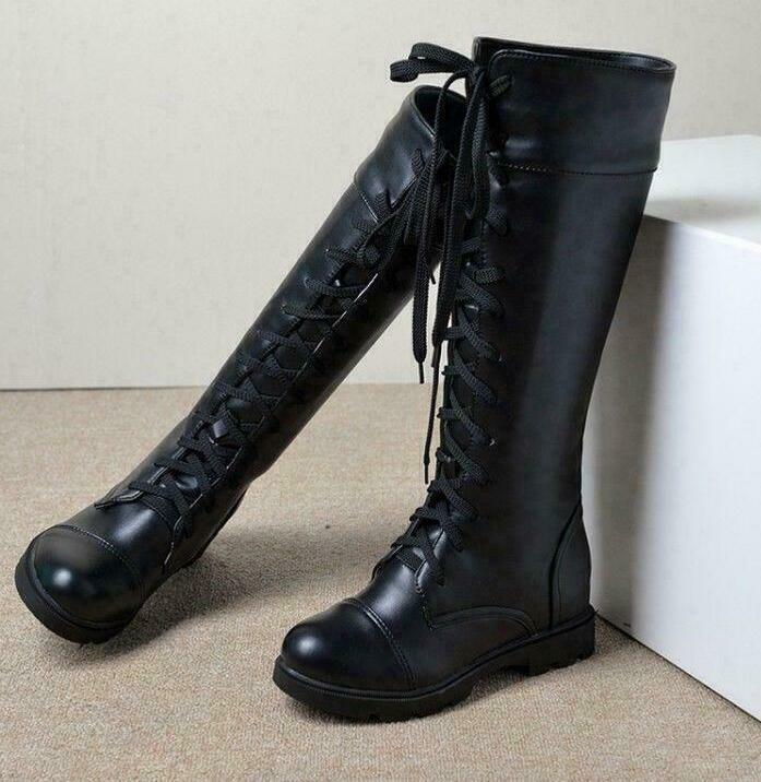 Damen-Schnürstiefel niedriger Absatz kniehoch rund geschnitten Reiten Kampfschuhe Biker-Stiefel 4-11 - Bild 12 von 13