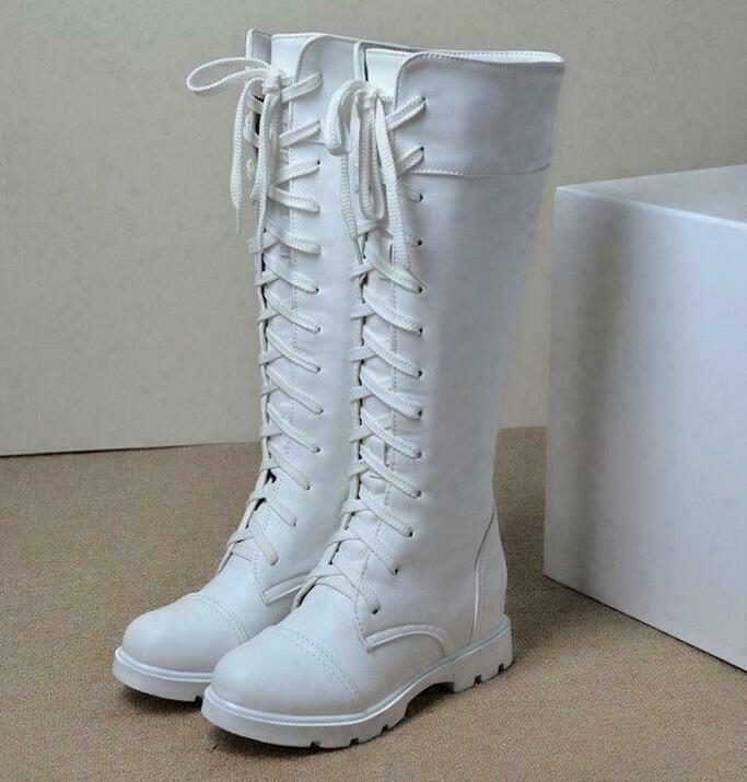 Damen-Schnürstiefel niedriger Absatz kniehoch rund geschnitten Reiten Kampfschuhe Biker-Stiefel 4-11 - Bild 13 von 13