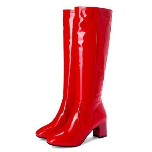 Damen Side Zip Lackleder Disco Dancer 60S 70S Hippie Kniehohe Stiefel - Bild 19 von 19