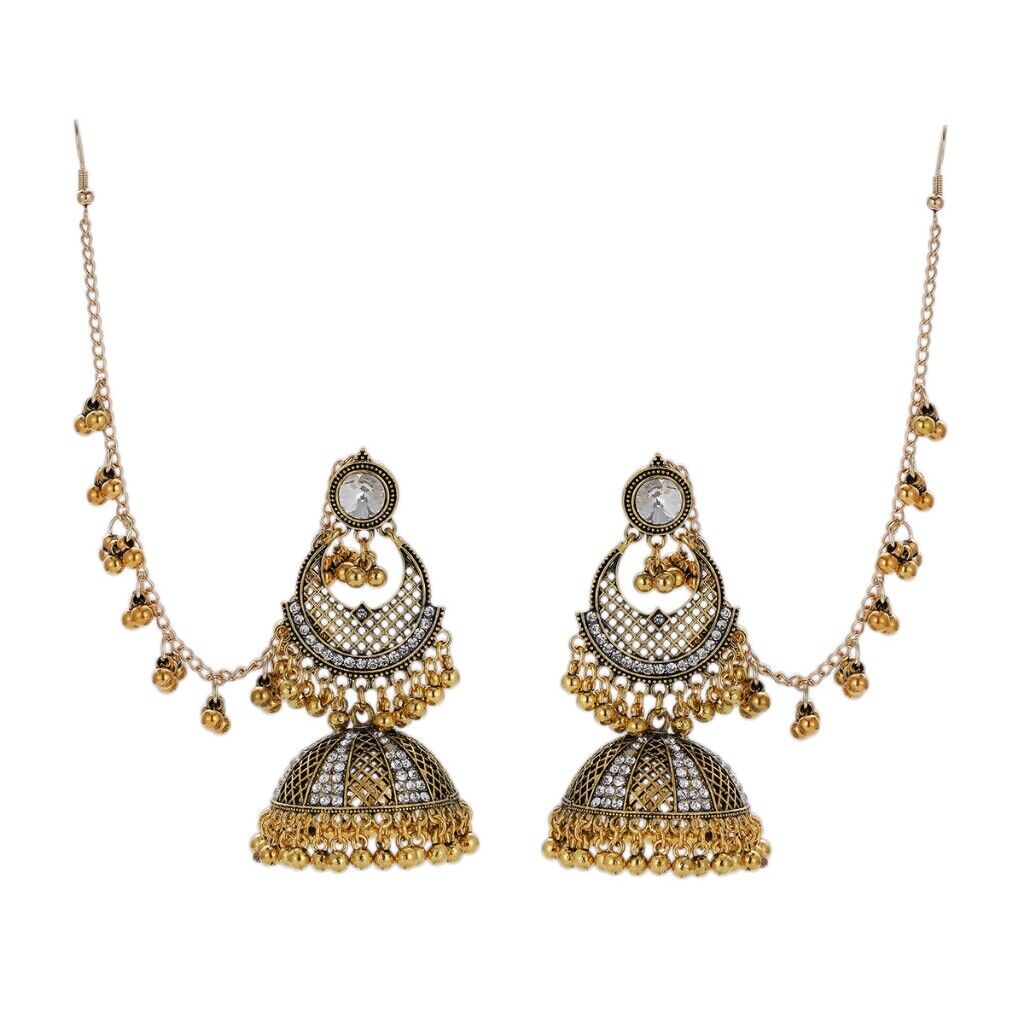 Luxury Rhinestone Gold Long Chain Jewelry Set Wedding Earrings Boho Jewelry Bell - Picture 15 of 22