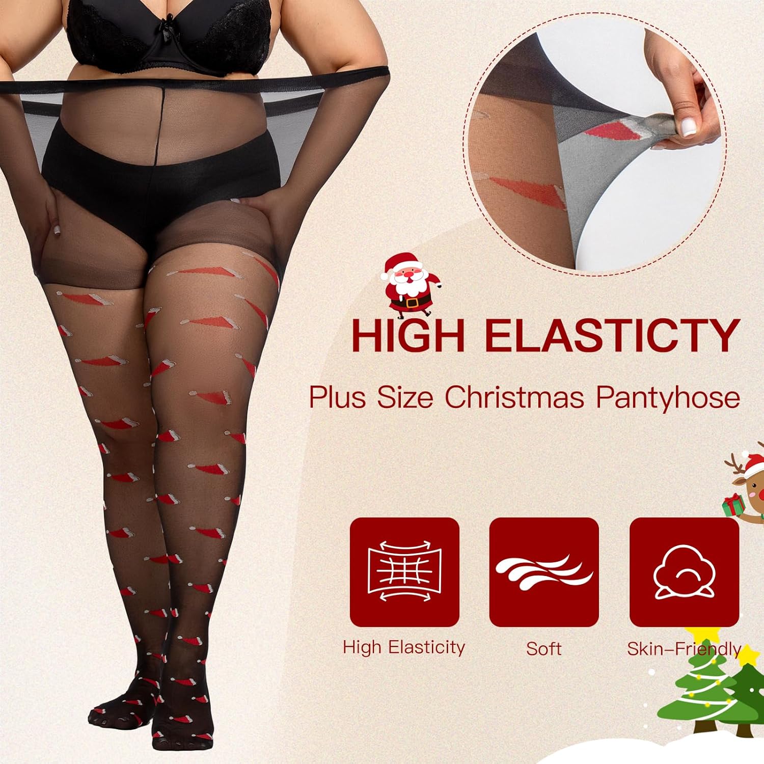 Christmas Tights Plus Size Black Patterned Tights High Waist Pantyhose for Women - Picture 27 of 45