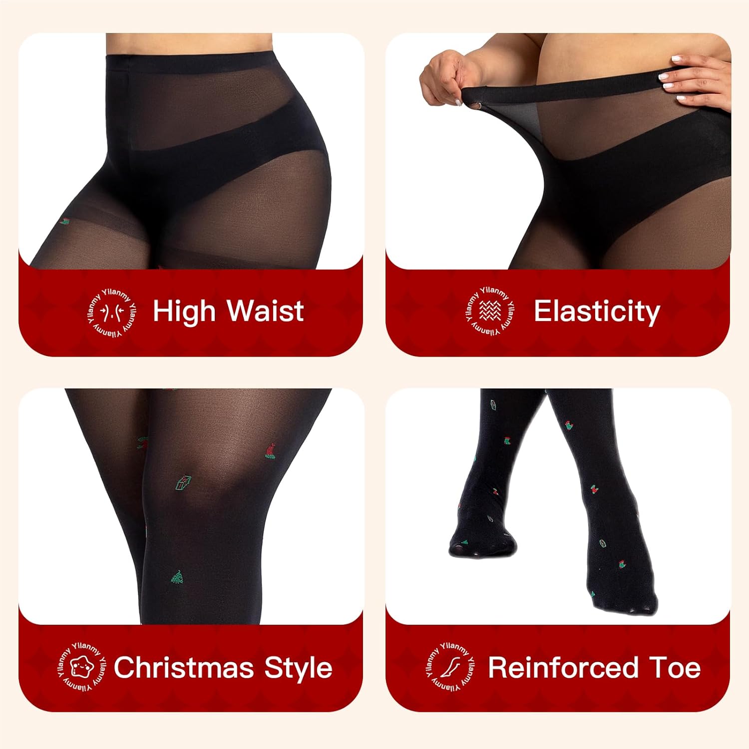 Christmas Tights Plus Size Black Patterned Tights High Waist Pantyhose for Women - Picture 33 of 45