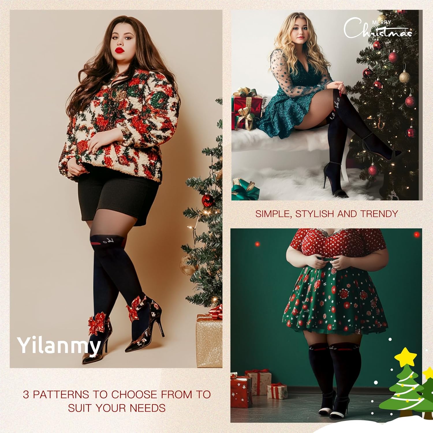 Christmas Tights Plus Size Black Patterned Tights High Waist Pantyhose for Women - Picture 43 of 45