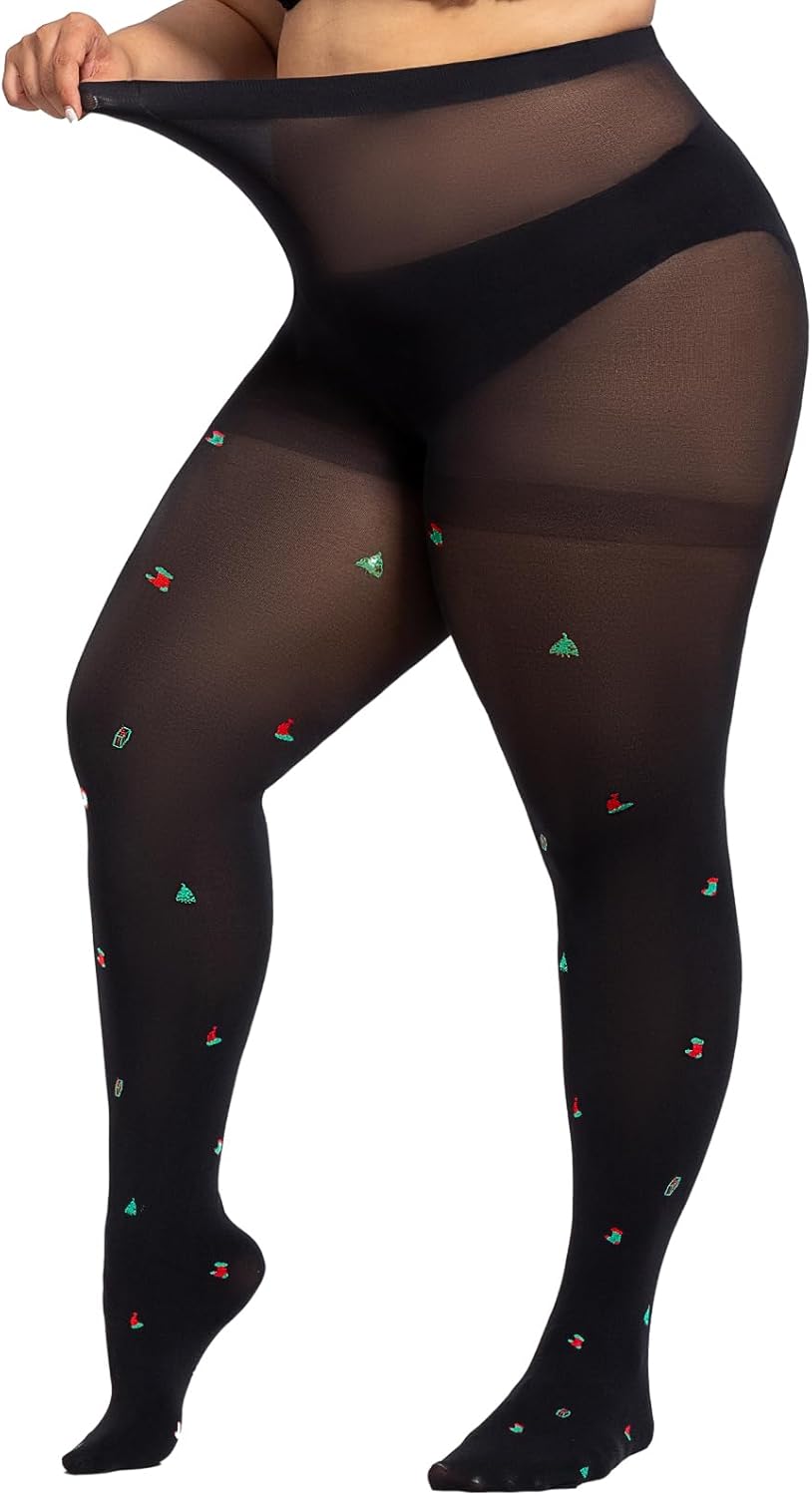 Christmas Tights Plus Size Black Patterned Tights High Waist Pantyhose for Women - Picture 32 of 45